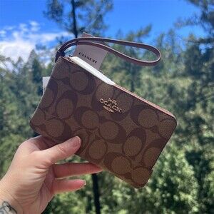 COACH Signature Canvas Wristlet Wallet AUTHENTIC Khaki/Redwood Brown w Gold NWT